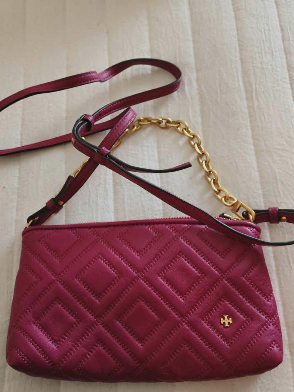 Tory Burch Fleming Chain Crossbody Bag Party Fuchsia Quilted Leather 40567